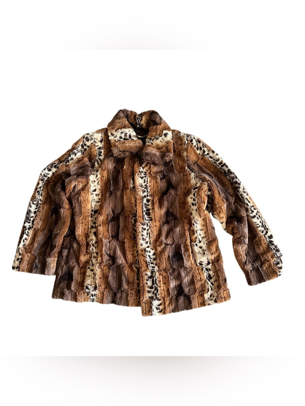 Dennis by Dennis Basso Vintage Faux Fur Coat Leopard Animal Print Patchwork XL